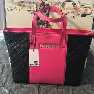 Love Moschino Pink and Black Quilted Tote Bag